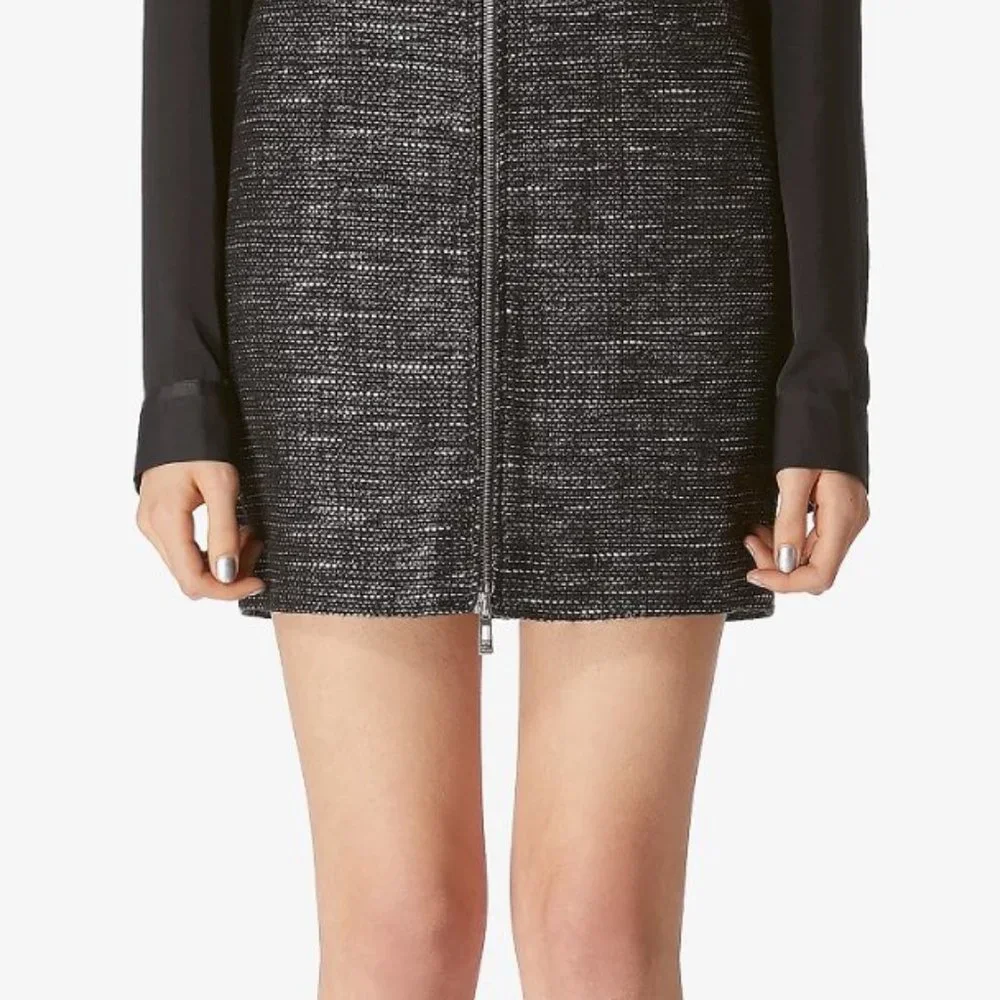 Avec Les Filles High-Waist Zip-Front Tweed Black & White Metallic Mini Skirt NWT